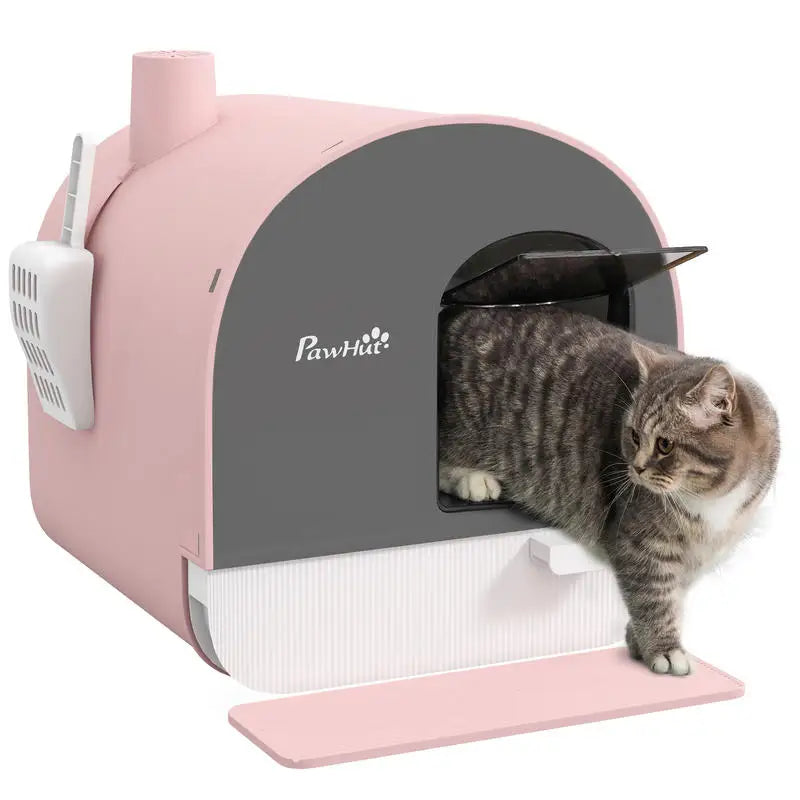 Hooded Cat Litter Box, Kitten Litter Tray, with Lid, Scoop, Filter, Flap Door, Pink – cute pink finish, privacy hood, flap door for odor control, kitten soft