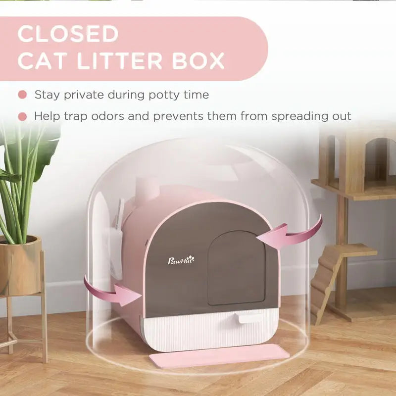 Hooded Cat Litter Box, Kitten Litter Tray, with Lid, Scoop, Filter, Flap Door, Pink – cute pink finish, privacy hood, flap door for odor control, kitten soft