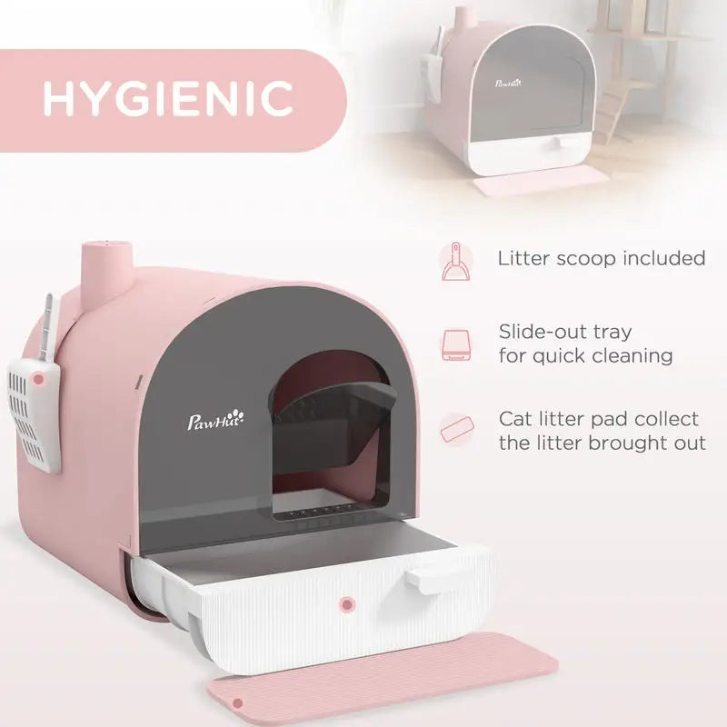 Hooded Cat Litter Box, Kitten Litter Tray, with Lid, Scoop, Filter, Flap Door, Pink – cute pink finish, privacy hood, flap door for odor control, kitten soft