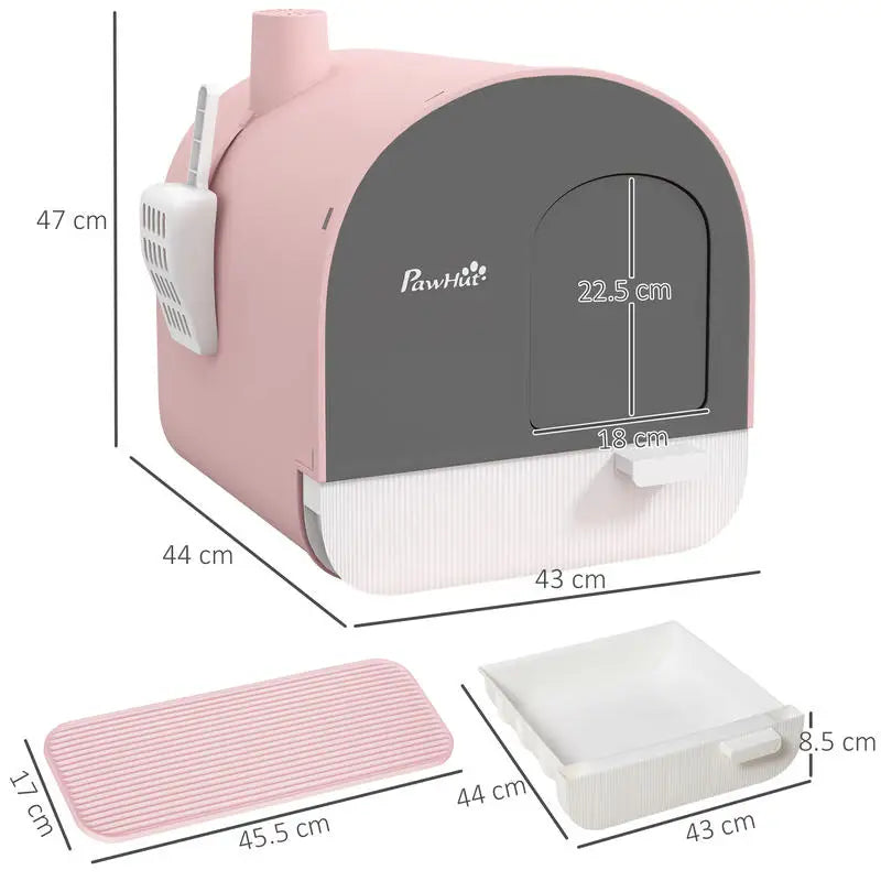 Hooded Cat Litter Box, Kitten Litter Tray, with Lid, Scoop, Filter, Flap Door, Pink – cute pink finish, privacy hood, flap door for odor control, kitten soft