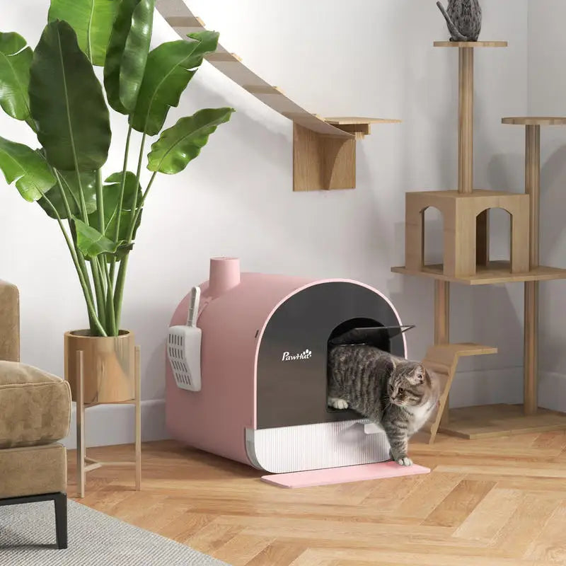 Hooded Cat Litter Box, Kitten Litter Tray, with Lid, Scoop, Filter, Flap Door, Pink – cute pink finish, privacy hood, flap door for odor control, kitten soft